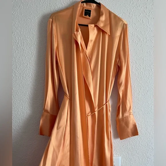 Massimo Dutti Studio Satin Orange Maxi Dress Tie Belt Neck M/L Limited Edition - Picture 3 of 17